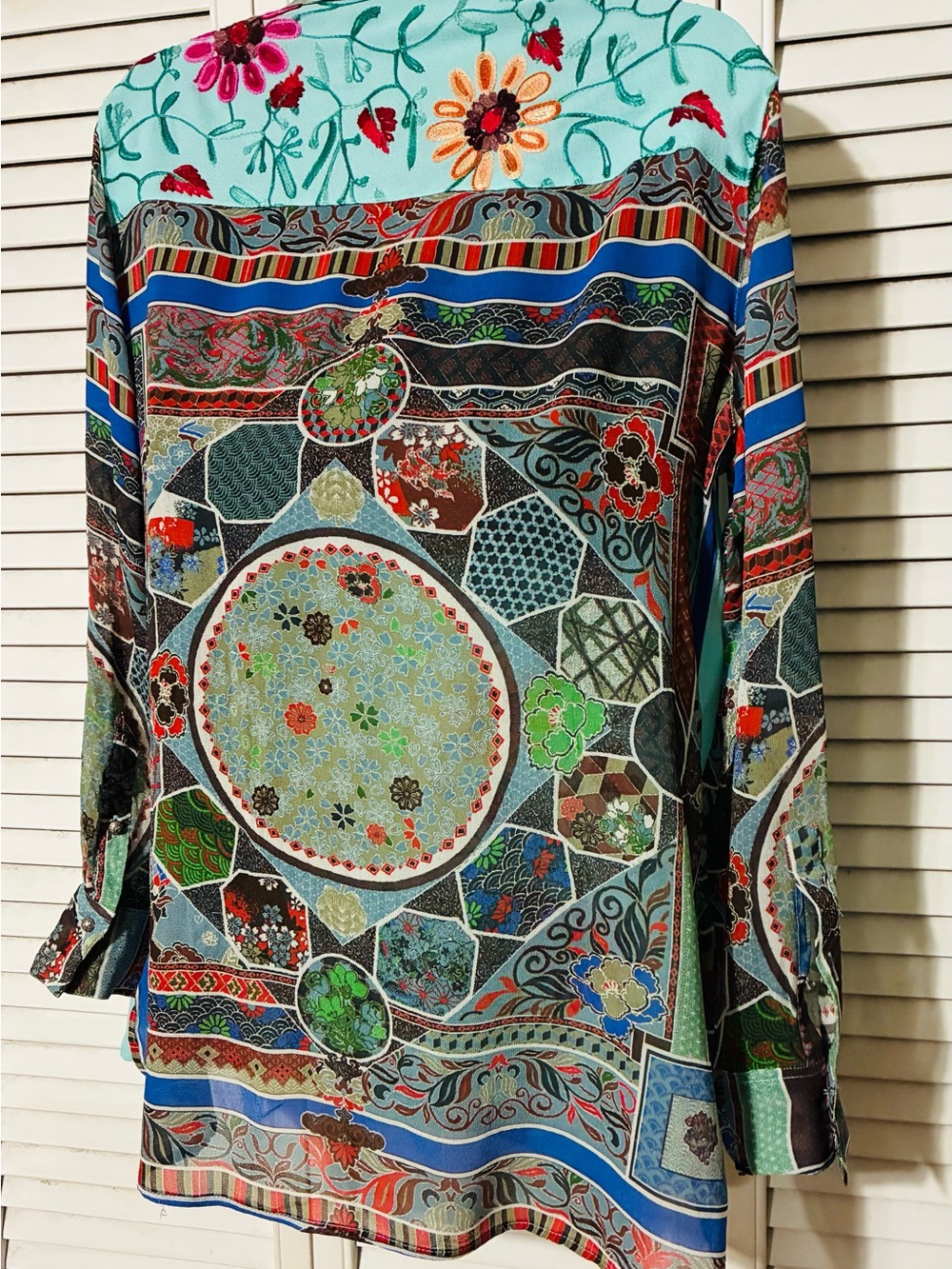 John Mark Teal Floral-Accent Button Top - Picture 9 of 9